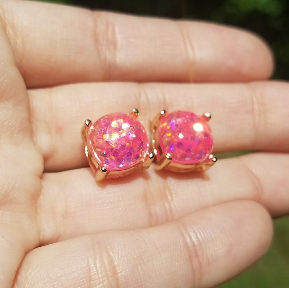 Gold Tone Pink Glitter Stud Earrings - Picture 5 of 5